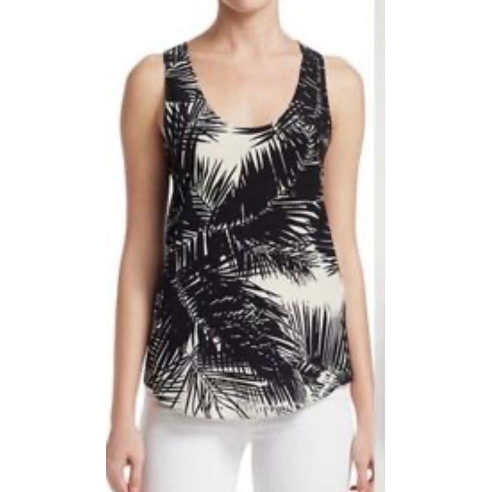 Theory Racer Tank Women S Black White Silk Palm Print Serene CDC Tropical Shell